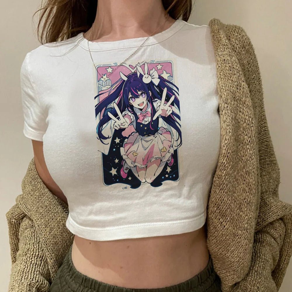 Bunny Idol Crop Top – Pastel Kawaii Anime Girl Tee (Oshi no Ko Inspired)