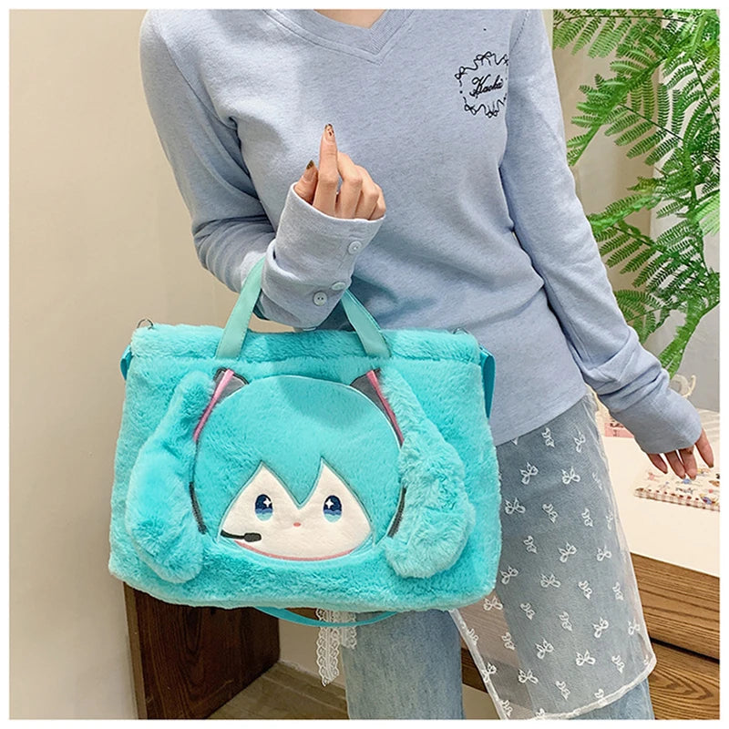 Hatsune Miku Plush Shoulder Bag – Fleece Carry Bag with Embroidered Face