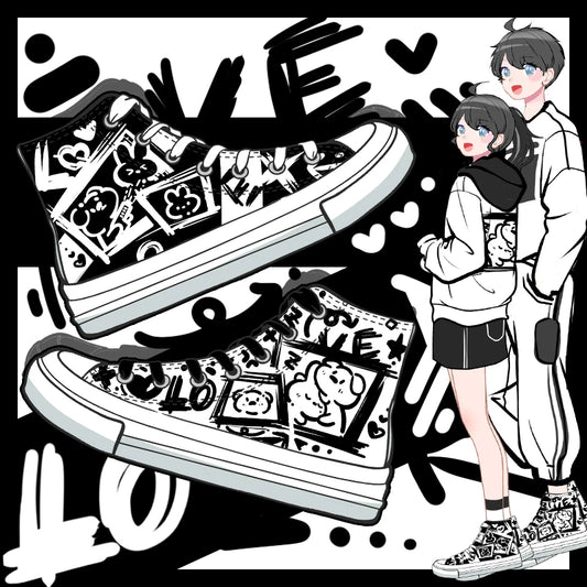 Kawaii Dark Bunny High-Top Sneakers Black & White Street Art Style