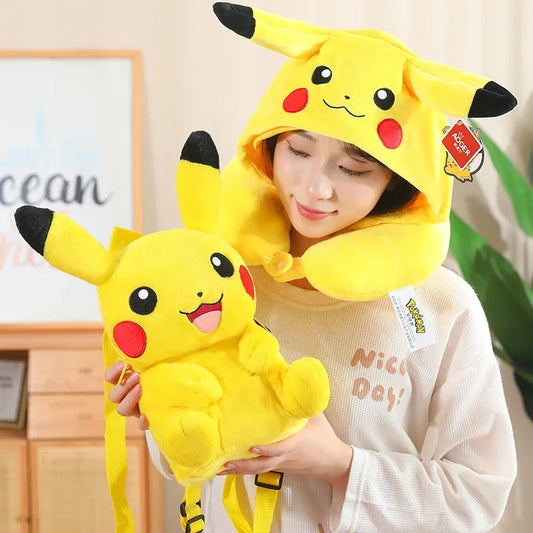 Pikachu Plush Backpack & Hooded Travel Pillow Set