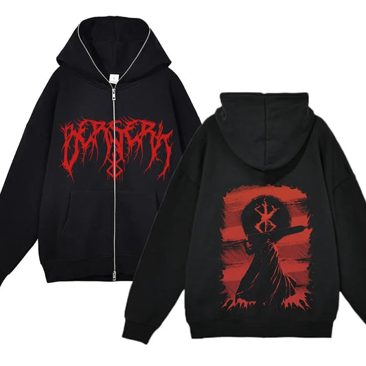 Berserk Guts Zip-Up Hoodie – Blood Red Graphic Edition (6 Sizes)