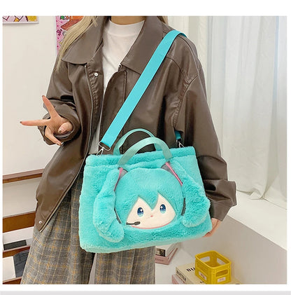 Hatsune Miku Plush Shoulder Bag – Fleece Carry Bag with Embroidered Face