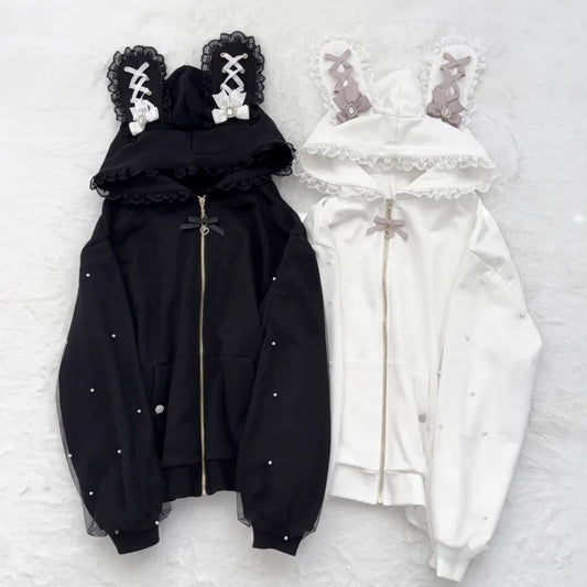 Gothic Lolita Lace Bunny Ear Hoodie – Harajuku Yami Kawaii Oversized Zip-Up