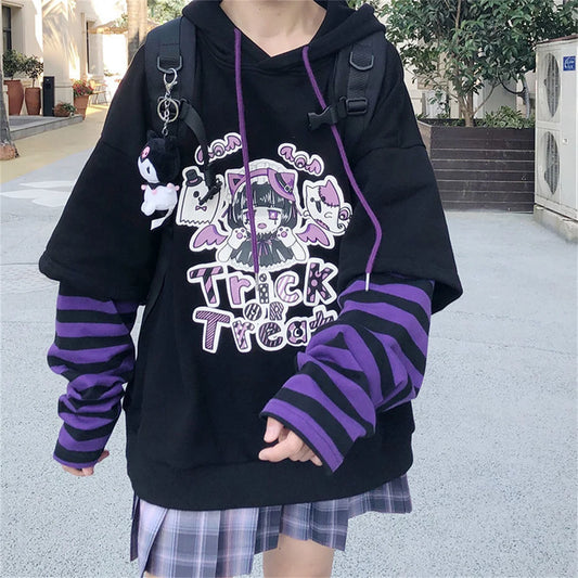 Kawaii Harajuku Trick or Treat Oversized Hoodie – Gothic Pastel Aesthetic