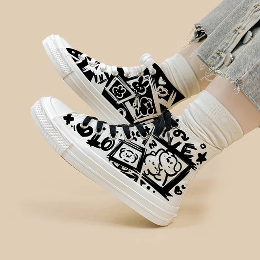 Kawaii Dark Bunny High-Top Sneakers Black & White Street Art Style