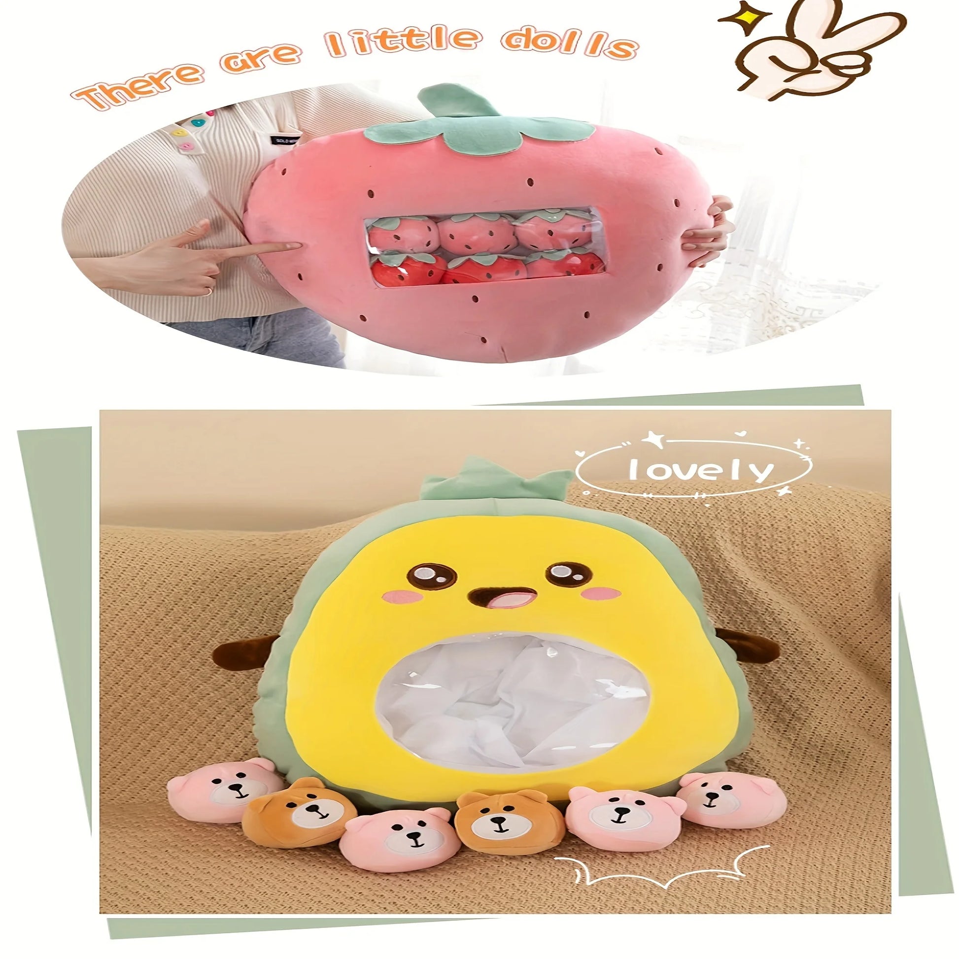 Pudding Cute Fruit & Animal Plush Pillow with Mini Plush Balls - Tokyowai