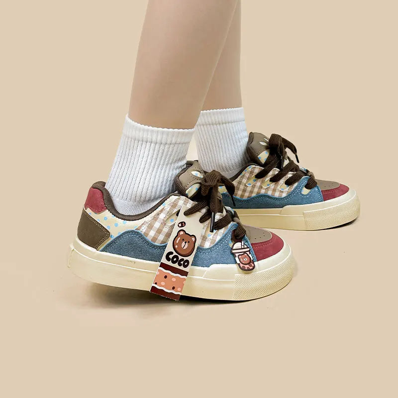 Kawaii COCO Multi-Brown Bear Sneakers – Soft Retro Aesthetic Shoes