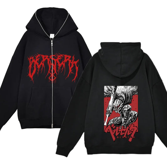 Berserk Guts Zip-Up Hoodie – Blood Red Graphic Edition (6 Sizes)