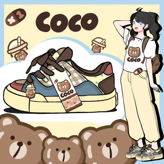 Kawaii COCO Multi-Brown Bear Sneakers – Soft Retro Aesthetic Shoes