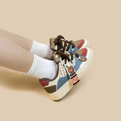 Kawaii COCO Multi-Brown Bear Sneakers – Soft Retro Aesthetic Shoes
