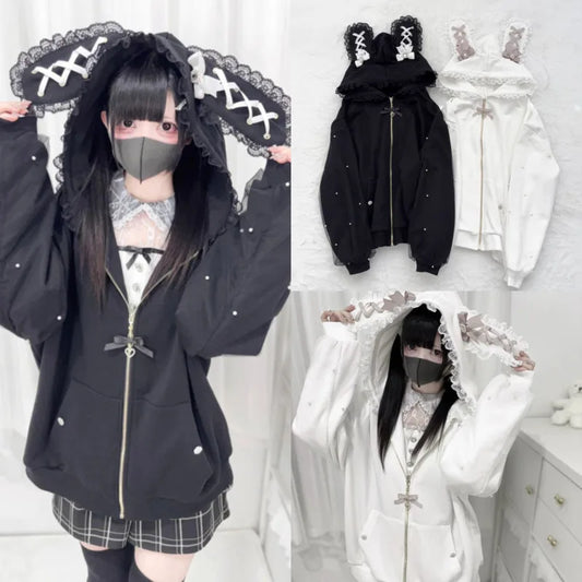Gothic Lolita Lace Bunny Ear Hoodie – Harajuku Yami Kawaii Oversized Zip-Up