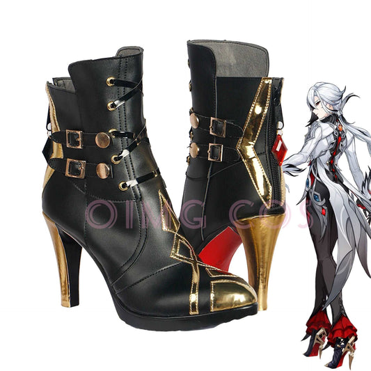 Elegant Valkyrie-Inspired Black & Gold Cosplay Heeled Boots - Tokyowai