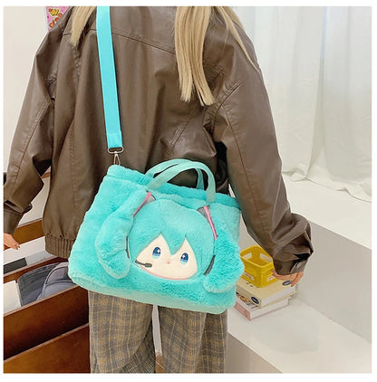 Hatsune Miku Plush Shoulder Bag – Fleece Carry Bag with Embroidered Face