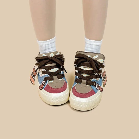 Kawaii COCO Multi-Brown Bear Sneakers – Soft Retro Aesthetic Shoes