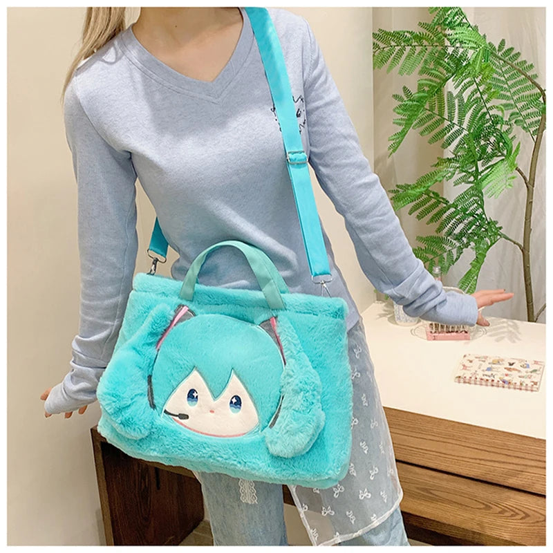 Hatsune Miku Plush Shoulder Bag – Fleece Carry Bag with Embroidered Face