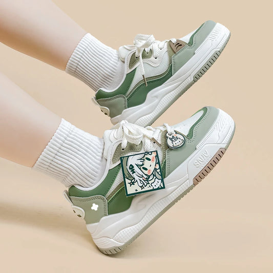Kawaii Frog Girl Sneakers – Sage Green Anime Streetwear Shoes