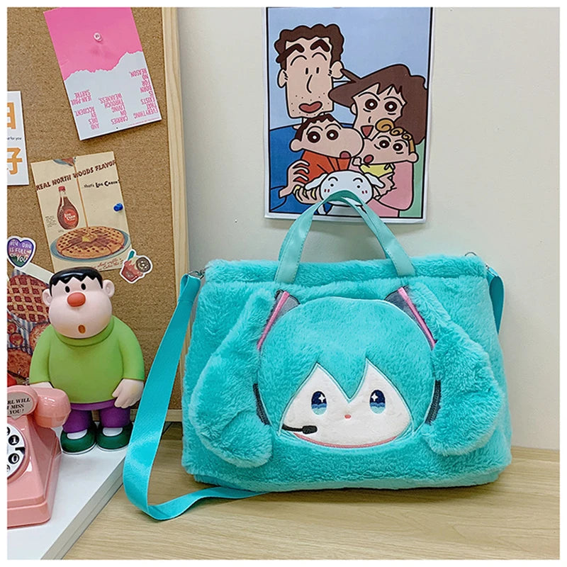 Hatsune Miku Plush Shoulder Bag – Fleece Carry Bag with Embroidered Face