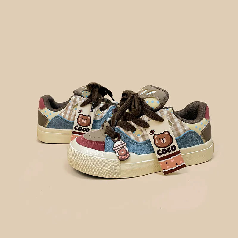 Kawaii COCO Multi-Brown Bear Sneakers – Soft Retro Aesthetic Shoes