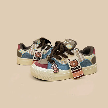 Kawaii COCO Multi-Brown Bear Sneakers – Soft Retro Aesthetic Shoes