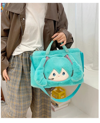 Hatsune Miku Plush Shoulder Bag – Fleece Carry Bag with Embroidered Face