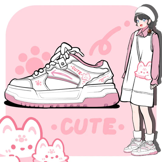 Kawaii Cat Paw Chunky Sneakers – Pink & White
